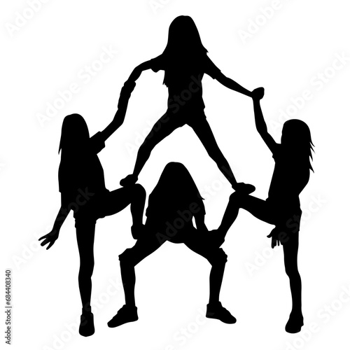 Silhouette of cheerleaders girls doing acrobatic pose. 