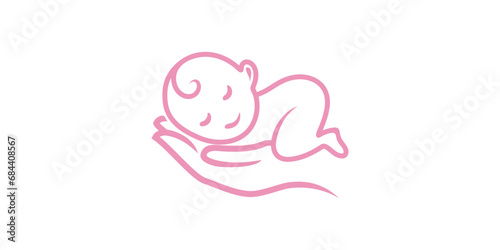 Baby care logo design vector in simple line style - happy baby and mother logo of children's shop and baby care center