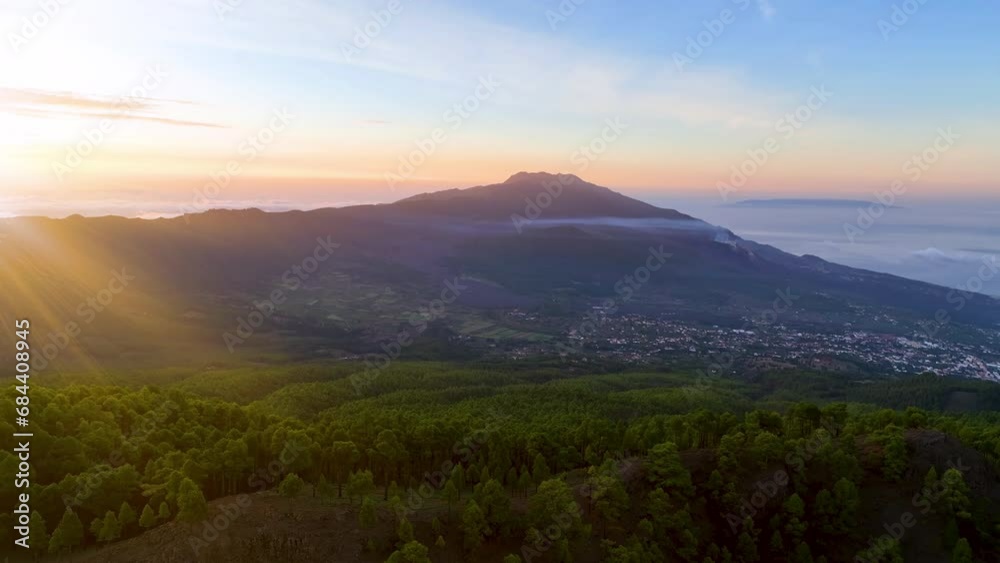 Aerial View of the landscape of the valley of pine trees and clouds in El Paso, La Palma Island. Spain Aerial View of the landscape of the valley of pine trees and clouds in El Paso, La Palma Island. Spain