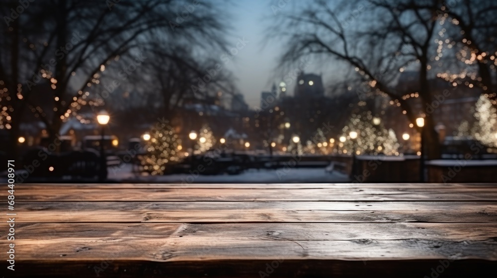 Wooden table covered with snow Empty space with an illuminated Christmas town square. Generative AI.