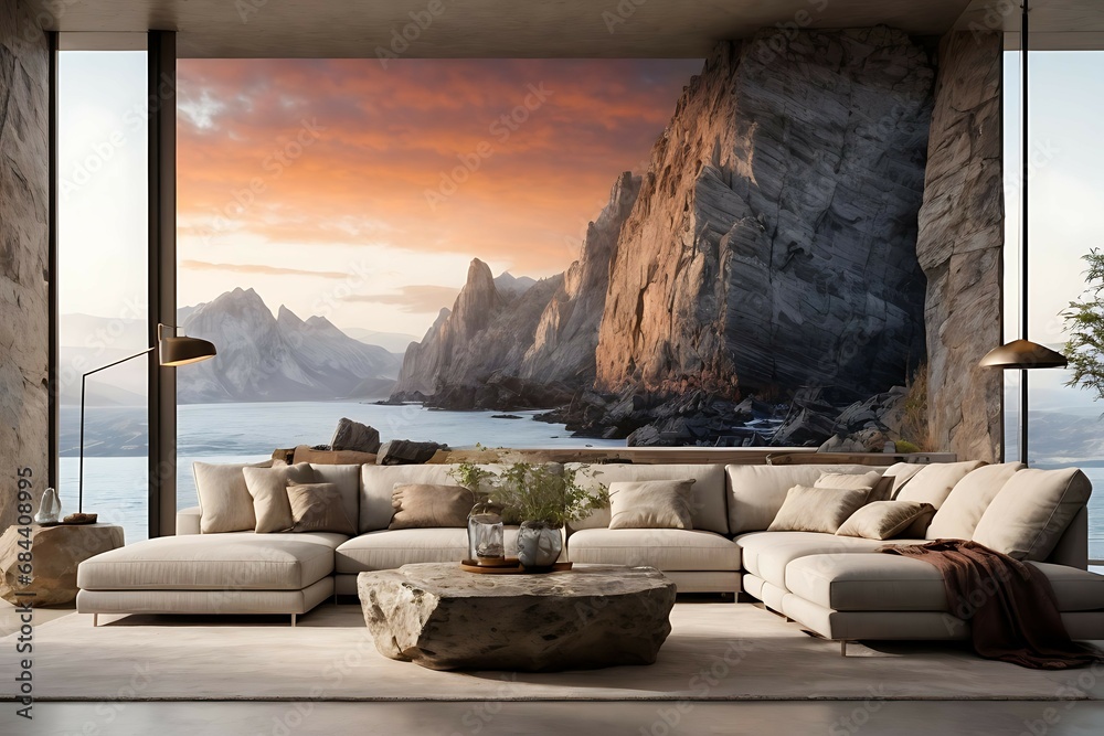 Light grey living room sofa with pillows in front of a natural stone wall - obrazy, fototapety, plakaty 