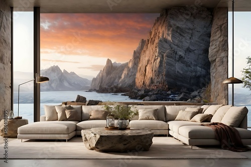 Light grey living room sofa with pillows in front of a natural stone wall