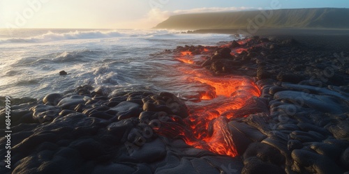 Surreal landscape with molten lava rivers photo