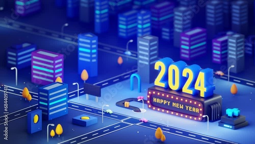 Happy new year 2024 in the city with looping animation