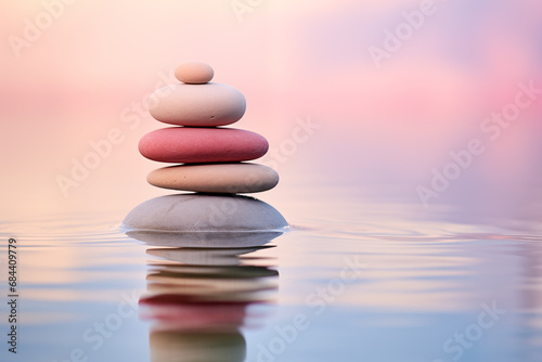 Stack of zen stones on water with a nature background. The image conveys a sense of balance, harmony, and peace. Suitable for use in wellness, therapy, and relaxation concepts