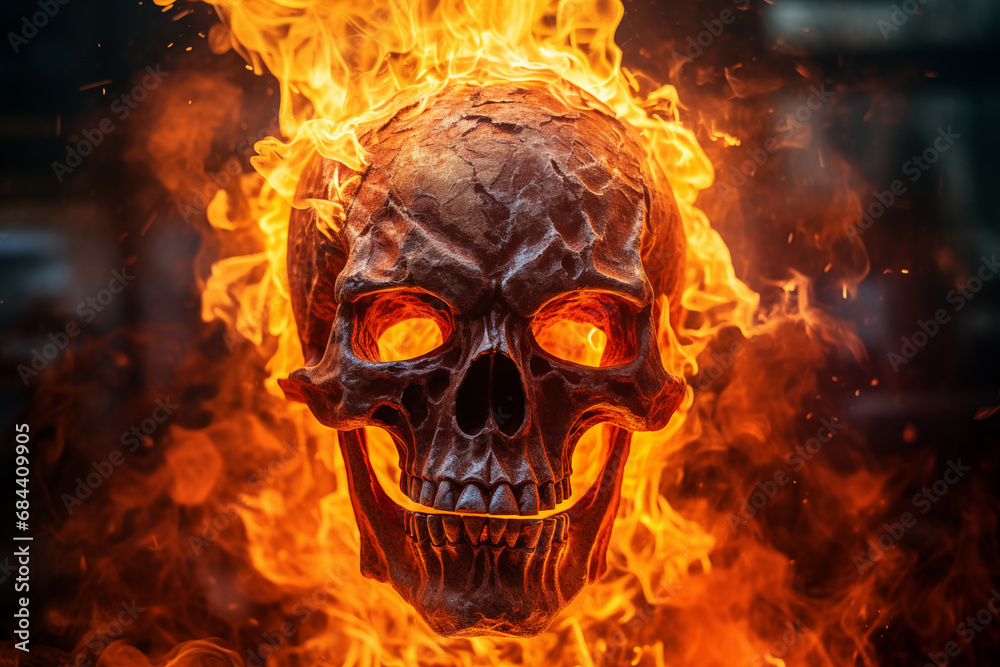 Spooky and scary burning skull on a dark background. Perfect for Halloween or horror-themed projects Spooky and scary burning skull on a dark background. Perfect for Halloween or horror-themed projects