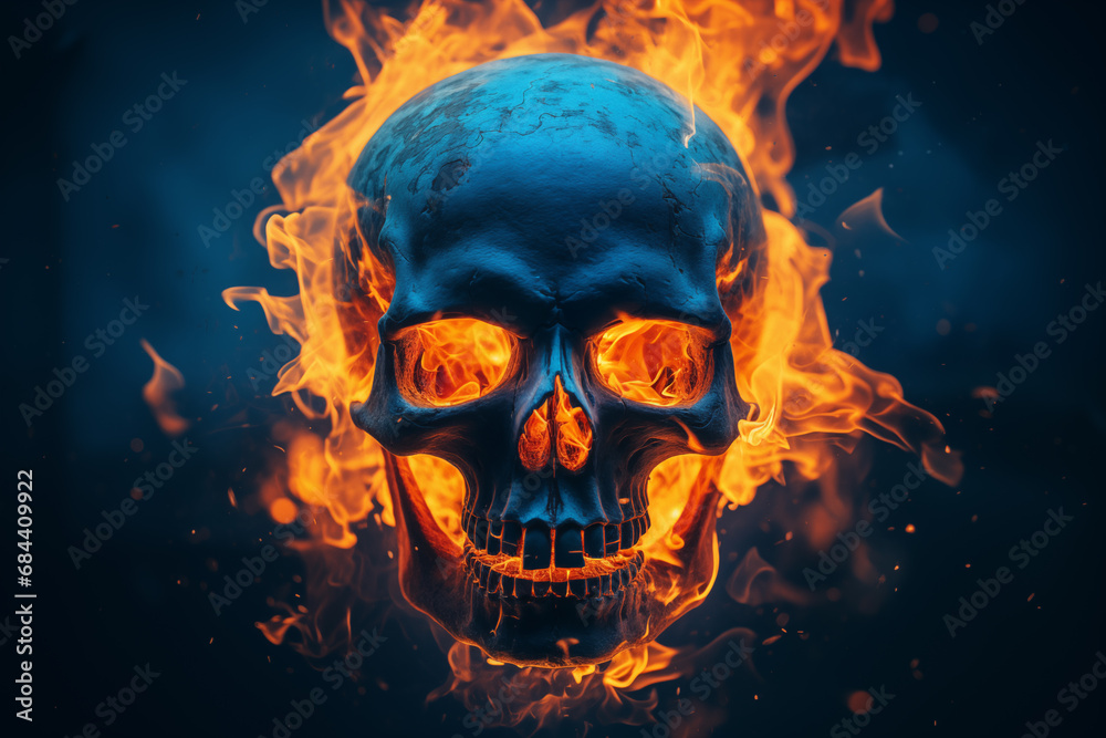 Spooky and scary burning skull on a dark blue background. Perfect for Halloween or horror-themed projects Spooky and scary burning skull on a dark blue background. Perfect for Halloween or horror-themed projects