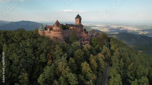 The Haut-Koenigsbourg Castle seen from the air, Orschwiller, Alsace, France | Aerial view of the Castle Chateau du Haut-Koenigsbourg in Orschwiller, Alsace, France, Europe