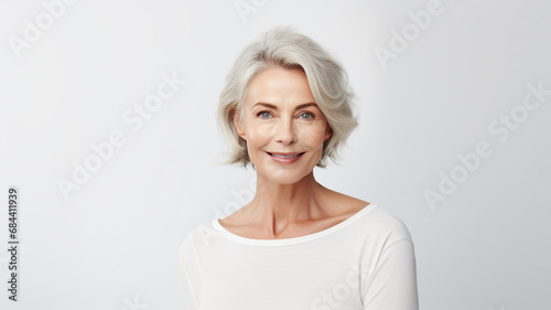 beautiful mature woman standing isolated on grey background