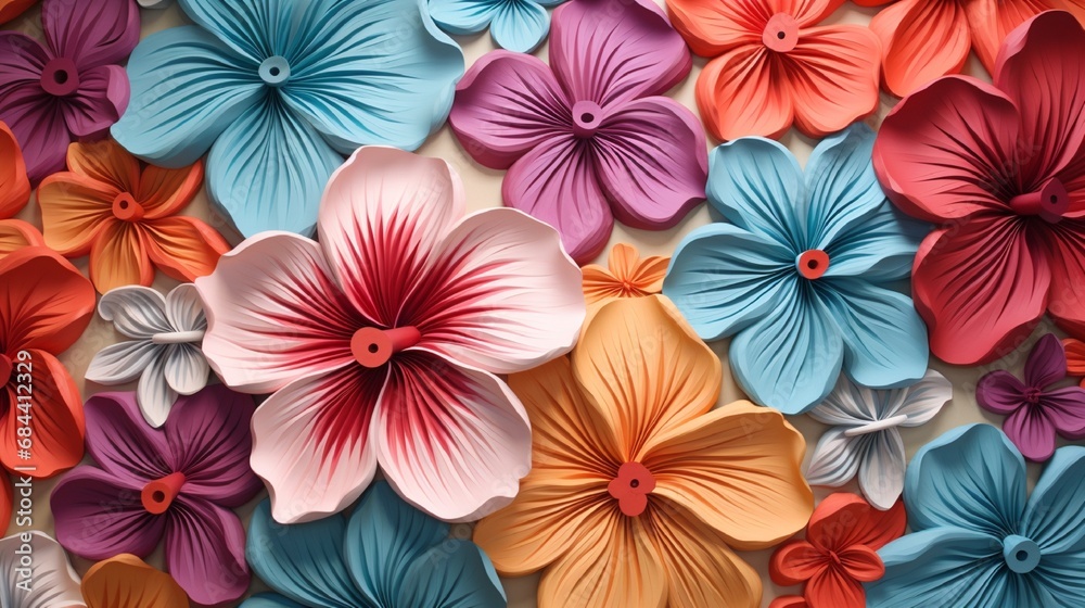 A close-up of a 3D wall adorned with a tapestry of colorful hibiscus flowers, their intricate details mesmerizing. A close-up of a 3D wall adorned with a tapestry of colorful hibiscus flowers, their intricate details mesmerizing.