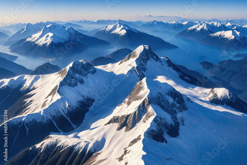Aerial View from Airplane of Blue Snow Covered Mountain Landscape in Winter.