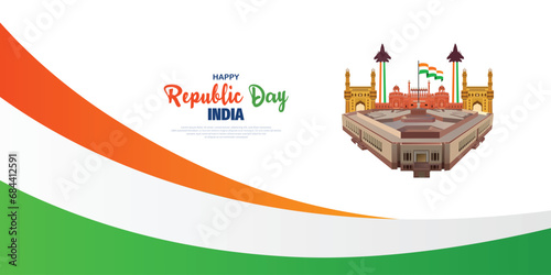 Happy republic day white background with red fort sketch or flage element design vector file photo
