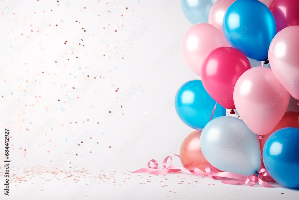Banner with a celebration theme: Sweet pink and blue balloons, confetti, and streamers on a light background, providing space for copy.


