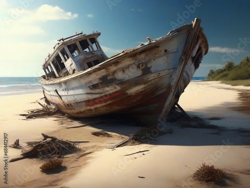 Discover the haunting beauty of a wrecked boat on the beach   an evocative image capturing the essence of maritime history and coastal mysteries. Perfect for enthusiasts of nautical scenes.