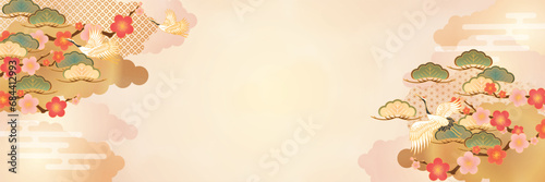 鶴と松の木の和柄背景素材 photo