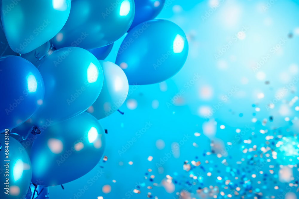 Banner with a celebration theme: Sweet blue balloons, confetti, and streamers create a festive and joyful background. Banner with a celebration theme: Sweet blue balloons, confetti, and streamers create a festive and joyful background.