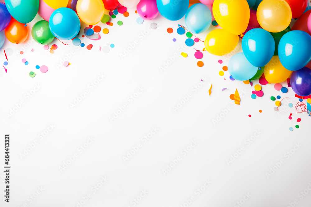 Birthday party-themed background with white wall space for copy, featuring an arrangement of colorful balloons, streamers, and confetti