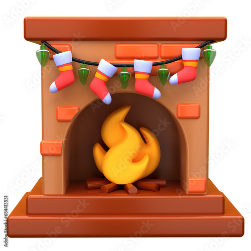 3d illustration fireplace with socks decoration object. 3D creative Christmas design icon. 3D Rendering.