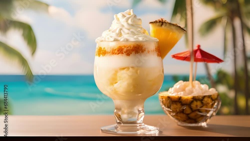 Closeup of a Bahama Mama Colada A fusion of two beloved tropical drinks, this one is served in a unique pineappleshaped glass. The rich brown drink features layers of coconut cream and dark photo