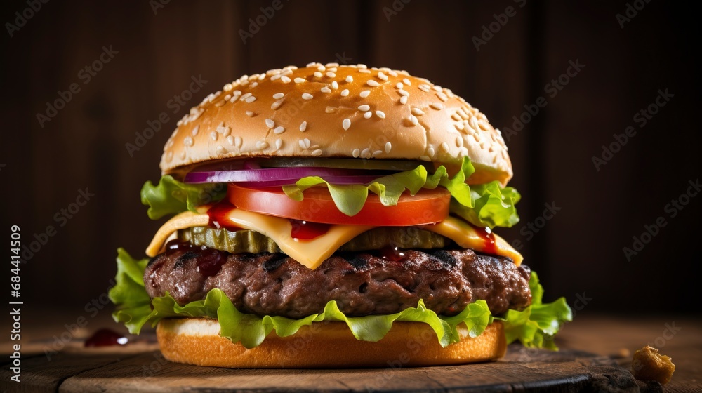 Close-up home made beef burger on wooden table, copy space and generative ai Close-up home made beef burger on wooden table, copy space and generative ai