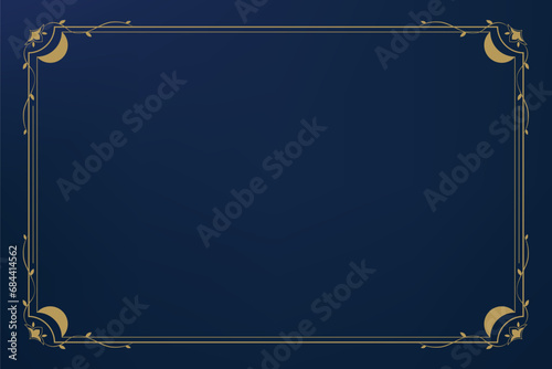 Golden line frame border design with moon and leaf decoration at corners in dark blue background