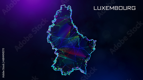 Futuristic Sweet Luxembourg Map Polygonal Blue Purple Colorful Connected Lines And Dots Wireframe Network With Text On Hazy Flare Bokeh Background