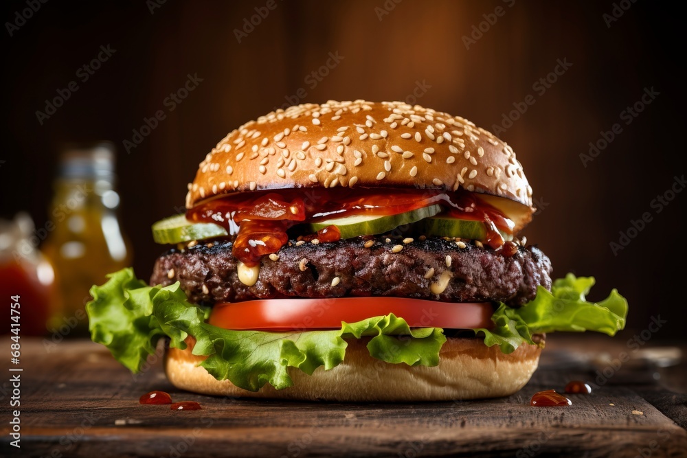 Close-up home made beef burger on wooden table, copy space and generative ai Close-up home made beef burger on wooden table, copy space and generative ai