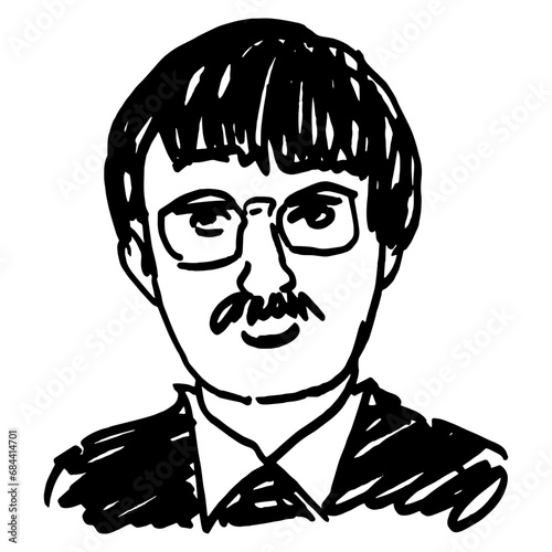 Head of a middle aged man wearing glasses and mustache. Male portrait in official suit. Hand drawn linear doodle rough sketch. Black and white silhouette.