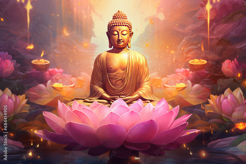 Fototapeta premium glowing Lotus flowers and gold buddha statue, nature background