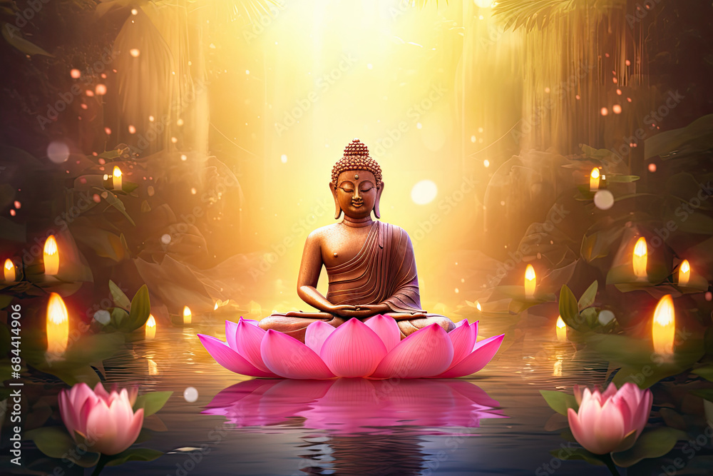 glowing Lotus flowers and gold buddha statue, nature background - obrazy, fototapety, plakaty 