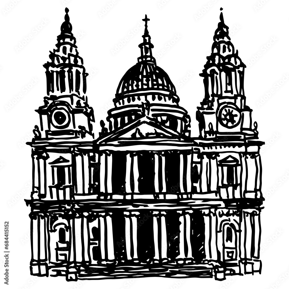 St Paul's Cathedral in London, England. Hand drawn linear doodle rough sketch. Black and white silhouette.