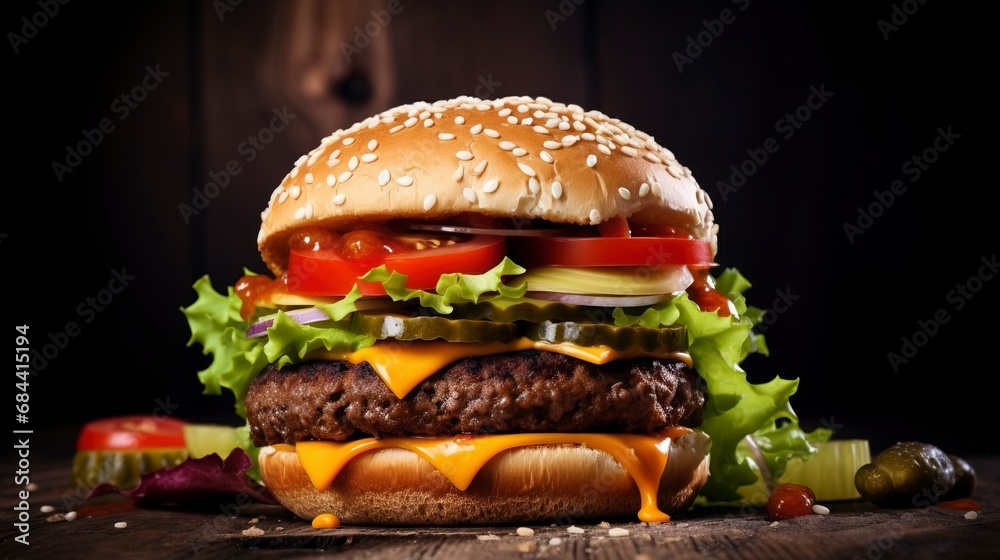 Close-up home made beef burger on wooden table, copy space and generative ai Close-up home made beef burger on wooden table, copy space and generative ai