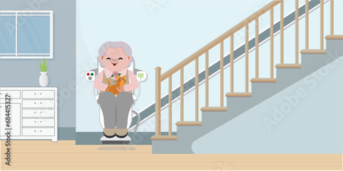 Elderly woman using chair lift for stairs. © Zentangle