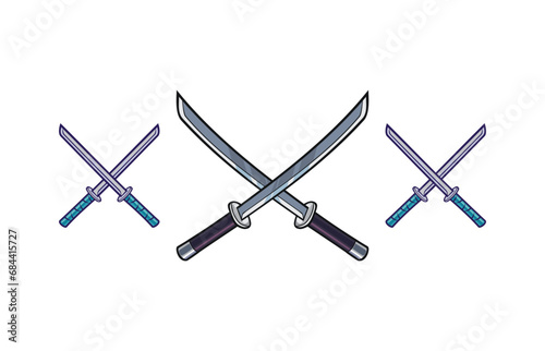 crossed cartoon samurai katana vector icon set isolated on white background