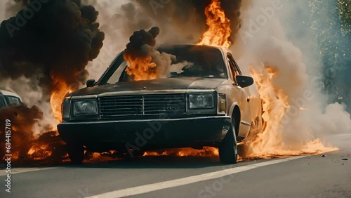 Closeup panicked driver engulfed flames, frantically pounding window desperate attempt escape. harrowing intensity situation evident persons fearstricken expression billowing smoke