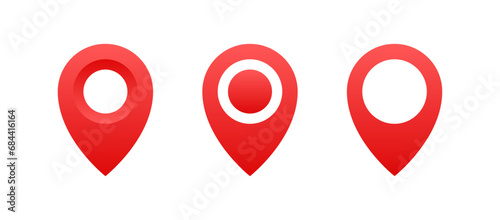 location map pointer icon, place pin marker sign - isometric red gps map pointers in red frame, destination symbols in 3d