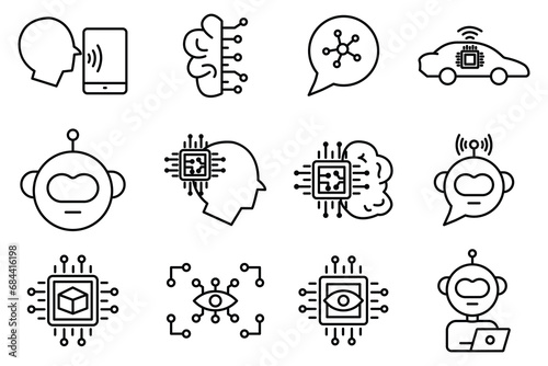 artificial intelligence icon set. robot head, brain ai, robot arm, computer vision, big data, ai assistant, deep learning, etc. line icon style design. simple vector design editable