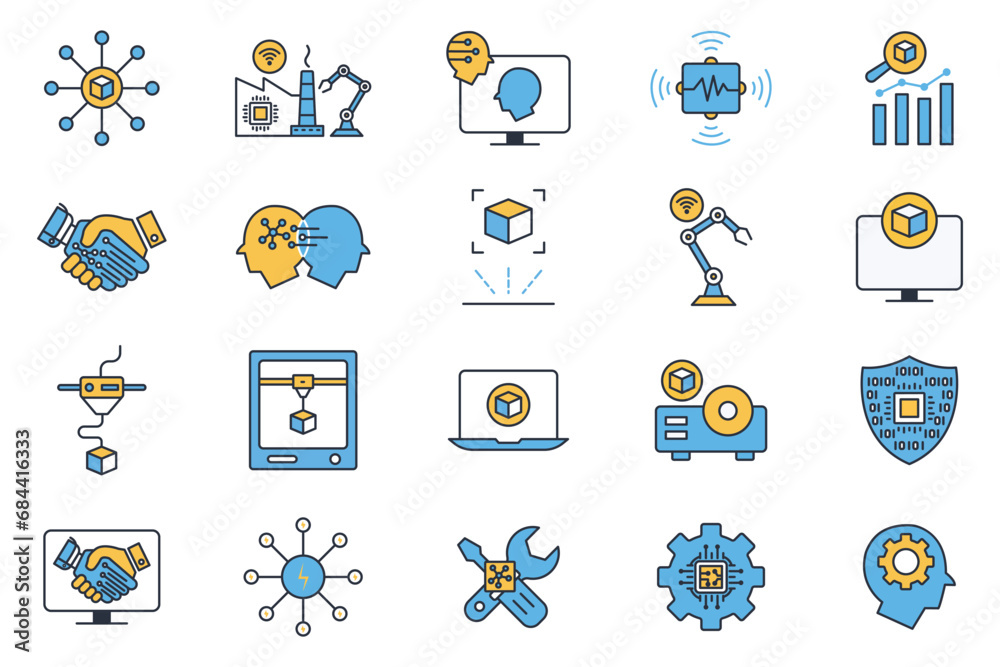Fototapeta premium industry icon set. industry 5.0, 3d printing, artificial intelligence, augmented reality, advanced sensor, intelligent robot ,etc. flat line icon style design. simple vector design editable