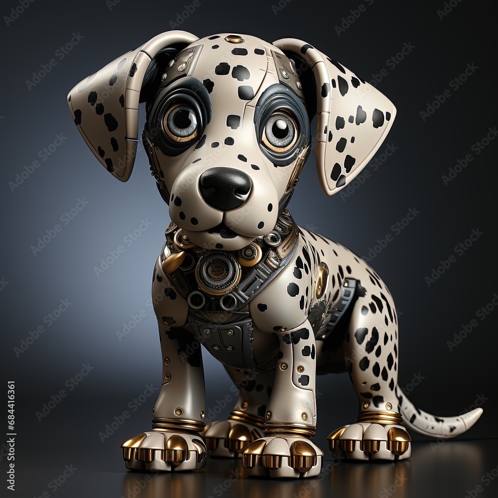 Robotic Dalmatian Dog with Unique Design on Reflective Surface Robotic Dalmatian Dog with Unique Design on Reflective Surface
