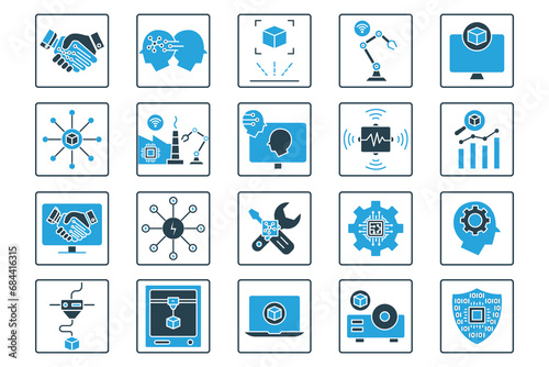 industry icon set. industry 5.0, 3d printing, artificial intelligence, augmented reality, advanced sensor, intelligent robot ,etc. solid icon style design. simple vector design editable