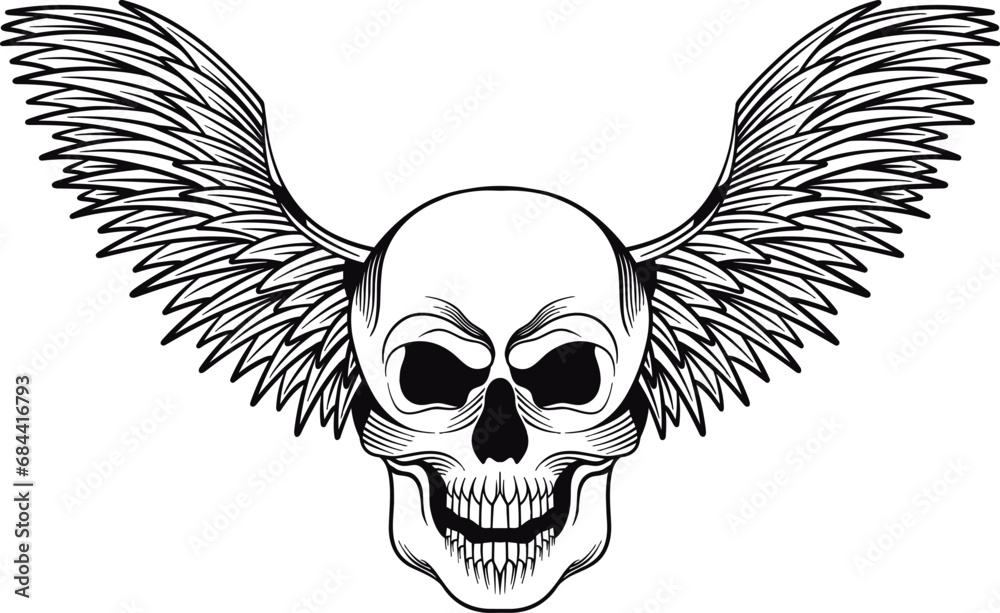 Vector tattoo design black and white hand drawn wings skull Vector tattoo design black and white hand drawn wings skull