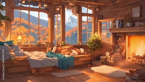 secluded reading nook tucked away cozy cabin woods, with crackling fire producing dancing shadows walls steaming hand snowflakes gently fall outside. stream overlay animation photo