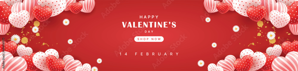 Valentine's Day Sale 50% off Poster or banner with many sweet hearts and on red background. Promotion and shopping template or background for Love and Valentine's day concept.