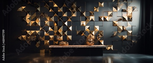 A fusion of metallic grids and floating shapes creates a futuristic 3D wall decor, exuding a sense of innovation and technological advancement in design.