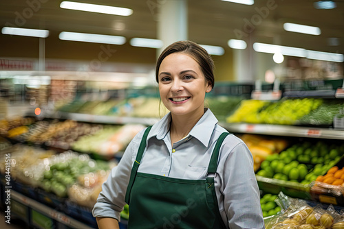 Smiling woman seller wearing a green apron in a supermarket