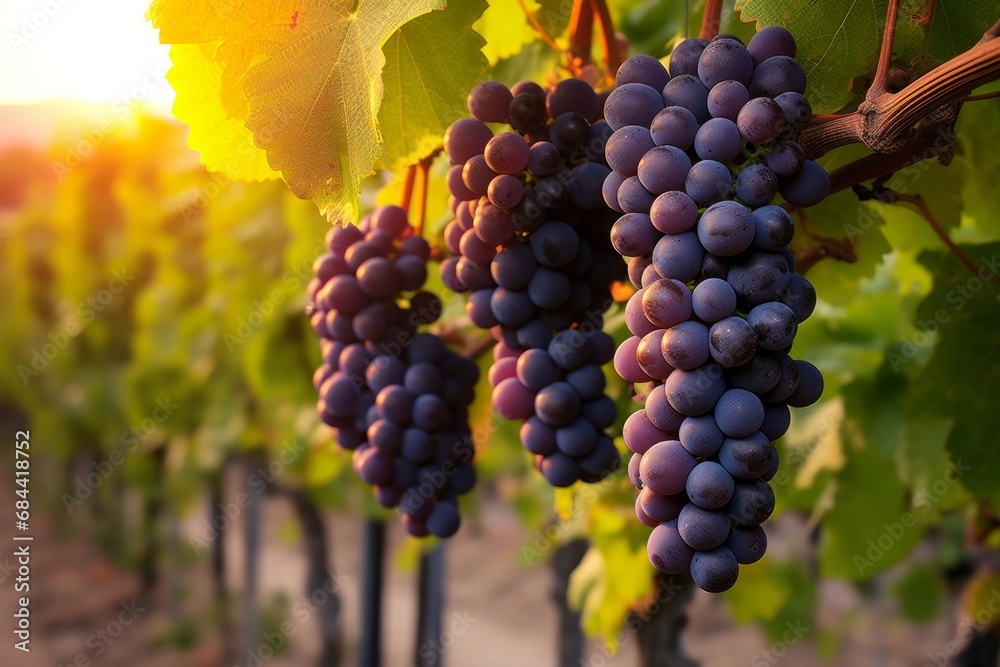 Grape harvest, Vineyards at sunset in autumn harvest ripe grapes in fall, Vineyard with ripe grapes in countryside at sunset, Nature background with Vineyard in autumn harvest, Generative AI