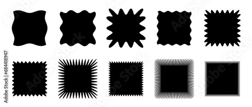 Wavy edge squared shape collection. Jagged zig zag square elements set. Black graphic design element pack for decoration, banner, poster, template, sticker, badge, label, tag, flyer. Vector bundle photo