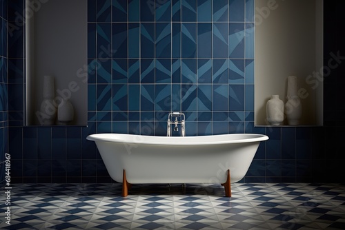 Bathroom with retro-inspired tile work, a floating vanity, and a freestanding tub © authapol