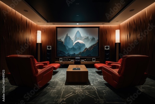 Home theater with retro-inspired seating, a statement rug, and a minimalist media console