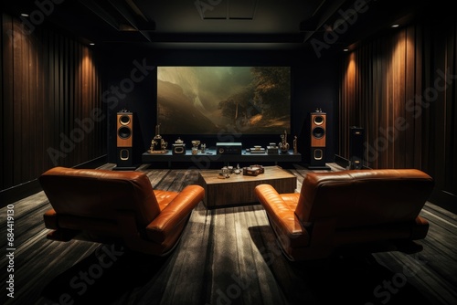 Home theater with retro-inspired seating, a statement rug, and a minimalist media console © authapol